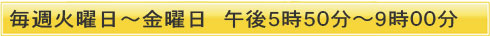 毎週火曜日～金曜日　午後５時５０分〜午後９時００分