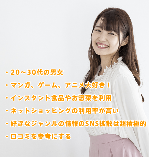 ・20〜30代の男女・マンガ、ゲーム、アニメ大好き!・インスタント食品やお惣菜を利用・ネットショッピングの利用率が高い・好きなジャンルの情報のSNS拡散は超積極的・口コミを参考にする