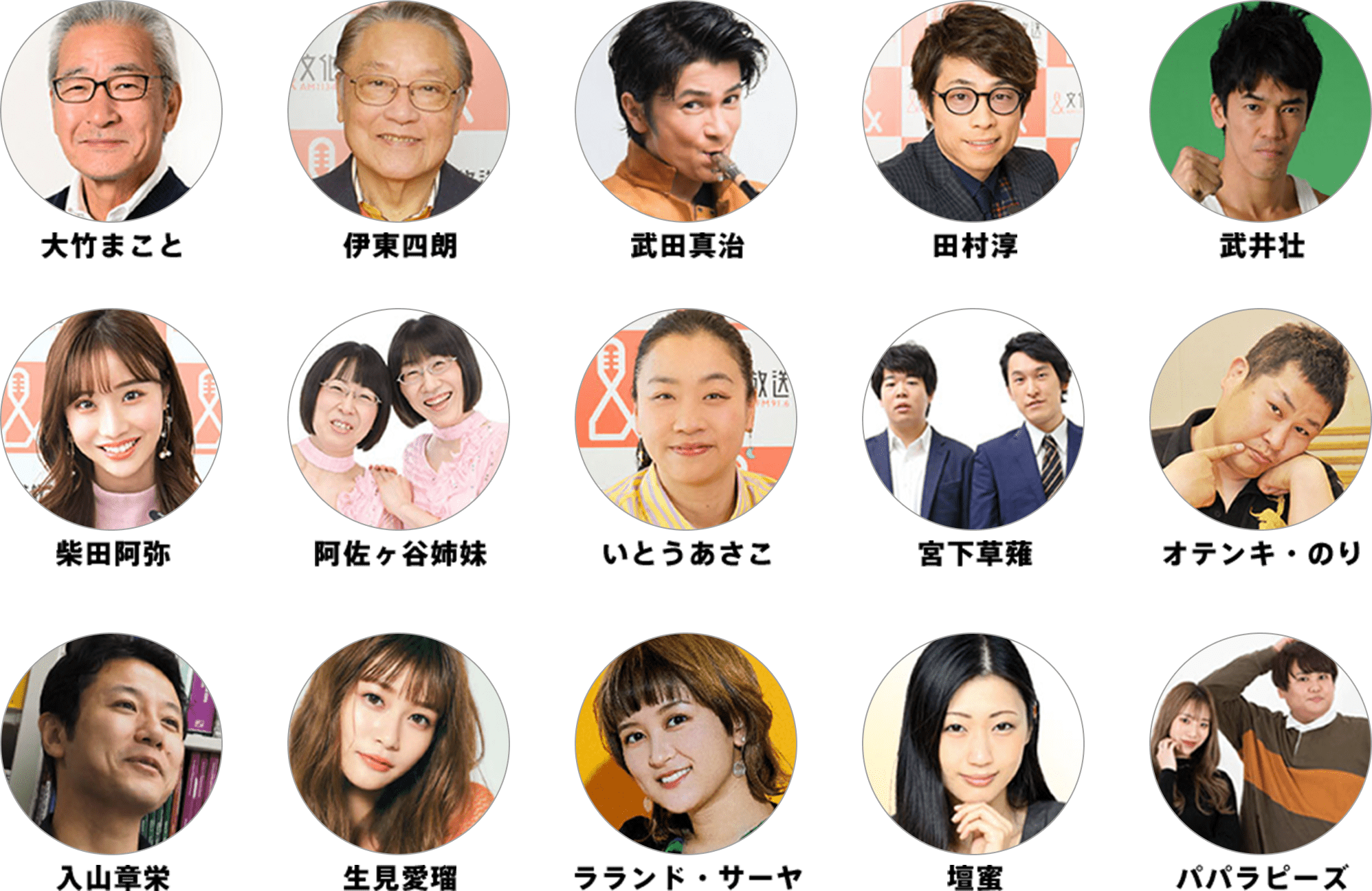 大竹まこと、伊藤四郎、武田真治、田村淳、武井壮、柴田阿弥、阿佐ヶ谷姉妹、いとうあさこ、宮下草薙、オテンキ・のり、入山章栄、生見愛瑠、ラランド・サーヤ、壇蜜、パパラピーズ