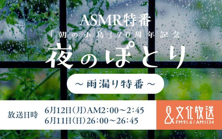 雨の音風景を深夜のラジオで浸る45分　ASMR特番『夜のぽとり～雨漏り特番～』6/11（日）26時から放送