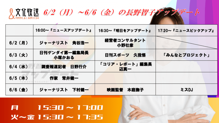 6/2～6/6の『長野智子アップデート』ラインナップ！！！