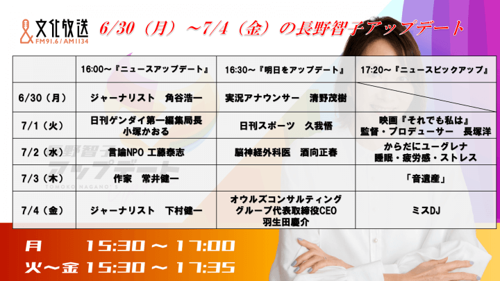 6/30～7/4の『長野智子アップデート』ラインナップ！！！
